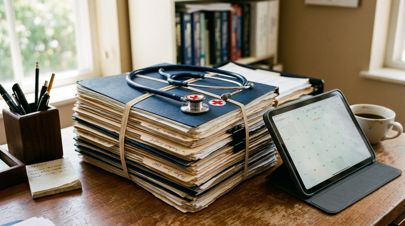 Huisarts aan een modern bureau met dubbele monitor, stapel dossiermappen, tablet met agenda-overzicht, koffiekop ernaast, natuurlijk licht uit een raam