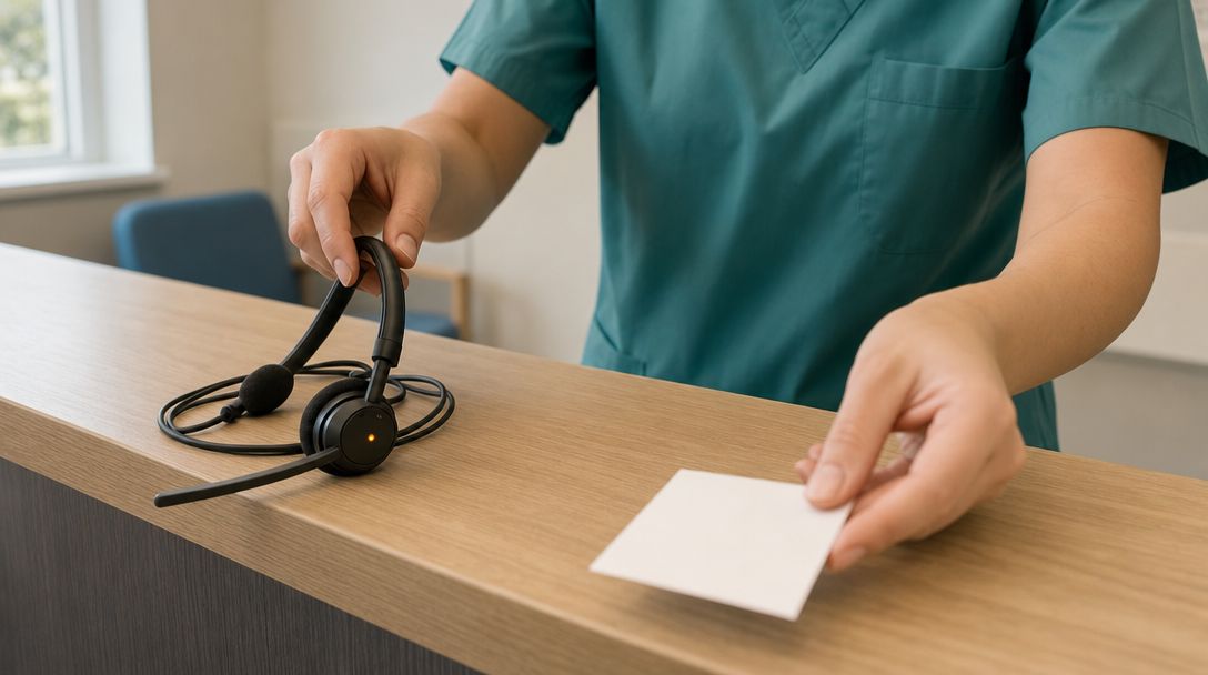 Handgeschreven woordenlijst met medicijnnamen naast een telefoon op de balie van een huisartsenpraktijk
