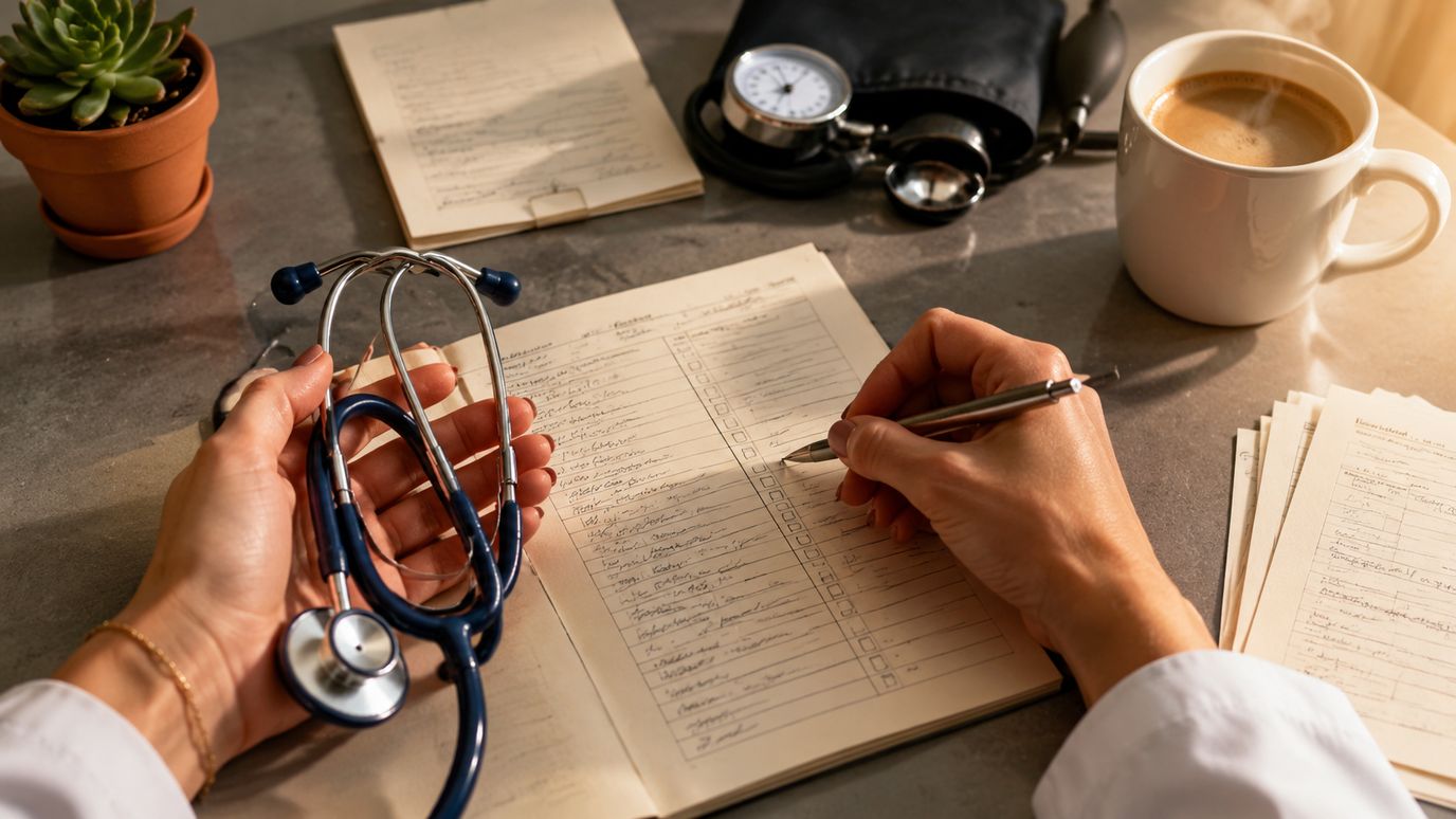 Huisarts-bureau met BOA-keurings-formulier, stethoscoop en koffie tijdens werkgever-consult