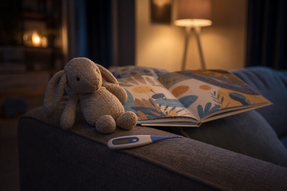 Receptiebalie van een huisartsenpraktijk met koptelefoon op de standaard en een tablet in een houder