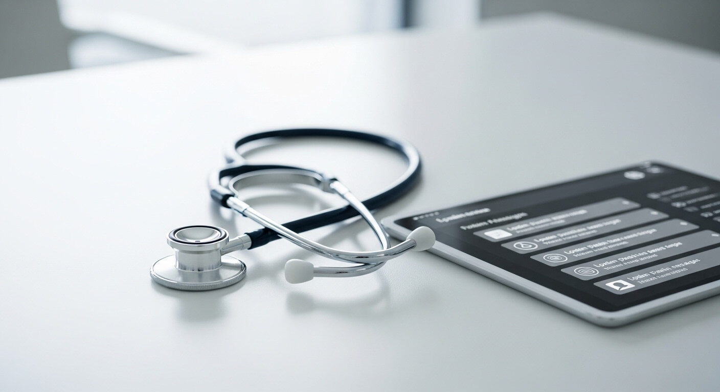 Stethoscoop op een bureau naast een tablet met patiëntberichten