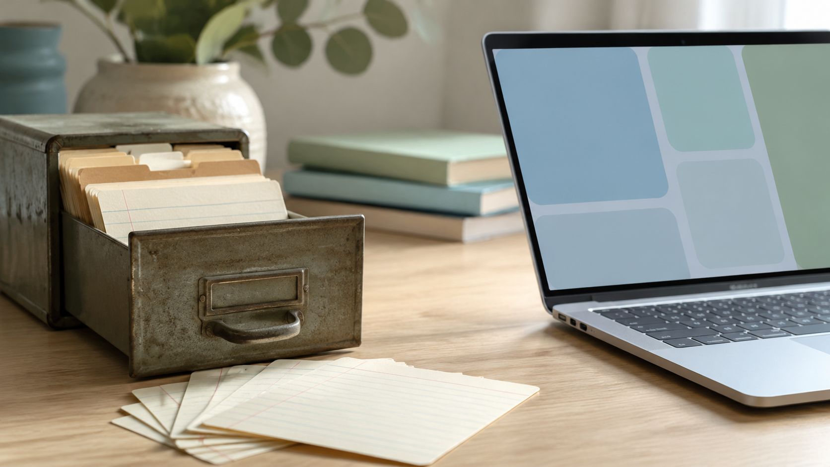 Geordende patiëntenkaart op een laptop in de spreekkamer, naast een oude kaartenbak