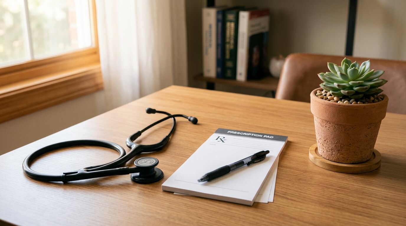 Huisartsenpraktijk bureau met stethoscoop en receptenblok