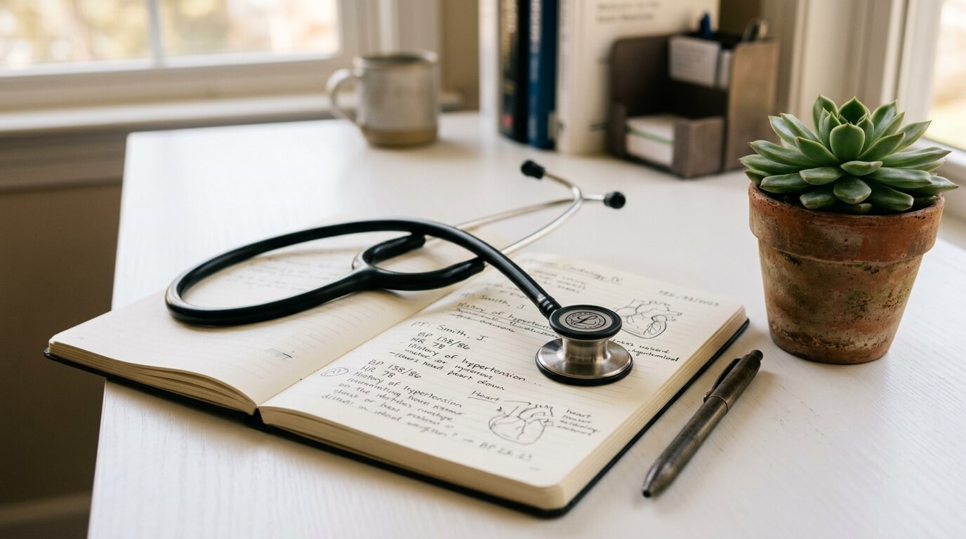 Stethoscoop op een bureau in een huisartsenpraktijk