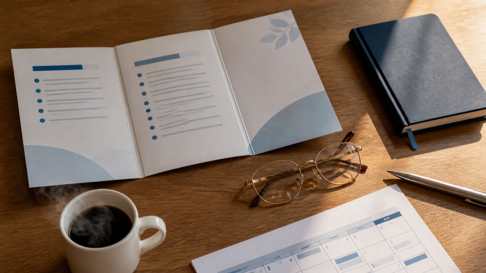 Een professionele uitleg-folder over eigen risico met bullet-list, een ouderenbril, en een blauw notitieblok netjes gerangschikt op een houten huisartsenpraktijk-bureau in zachte ochtendzon