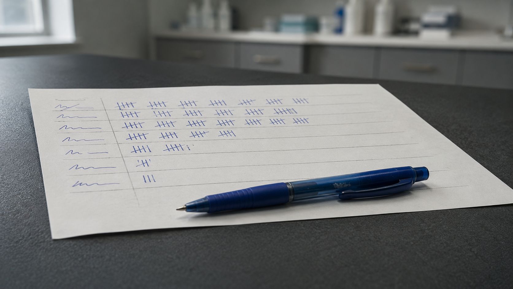 Turflijst met streepjes naast een telefoon en een agenda op de balie van een huisartsenpraktijk