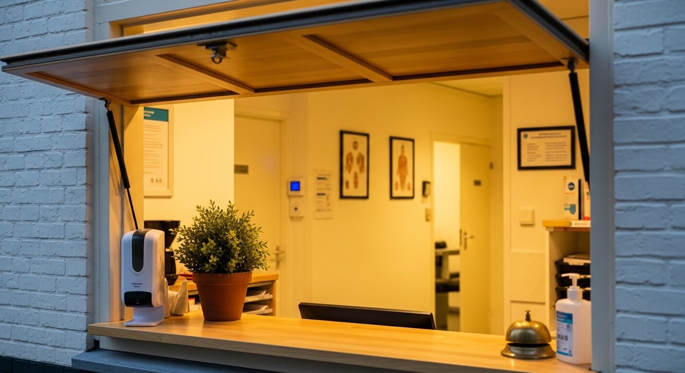 Ingang van een Nederlandse huisartsenpraktijk met fietsenrek en naambordje