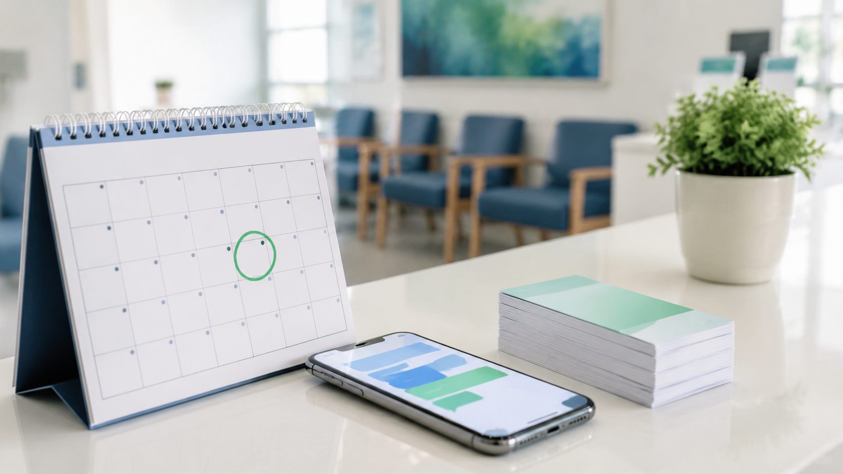Baliekalender met een prikdag omcirkeld, een smartphone met abstracte berichtenblokken en een stapel afsprakenkaarten op een balie in rustige blauwgroene tinten