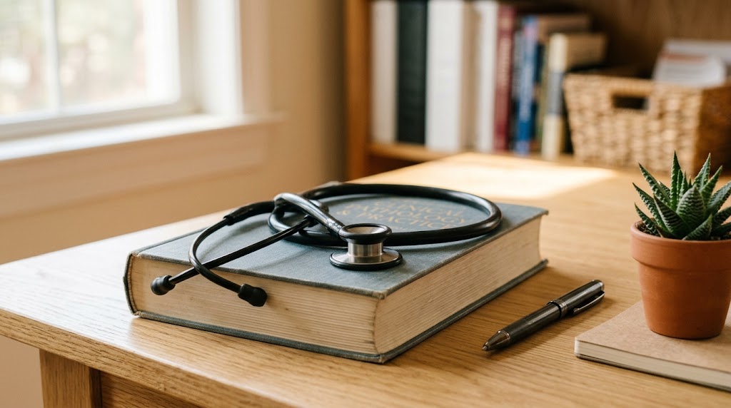 Huisartsenpraktijk receptie met bloemen en een tablet
