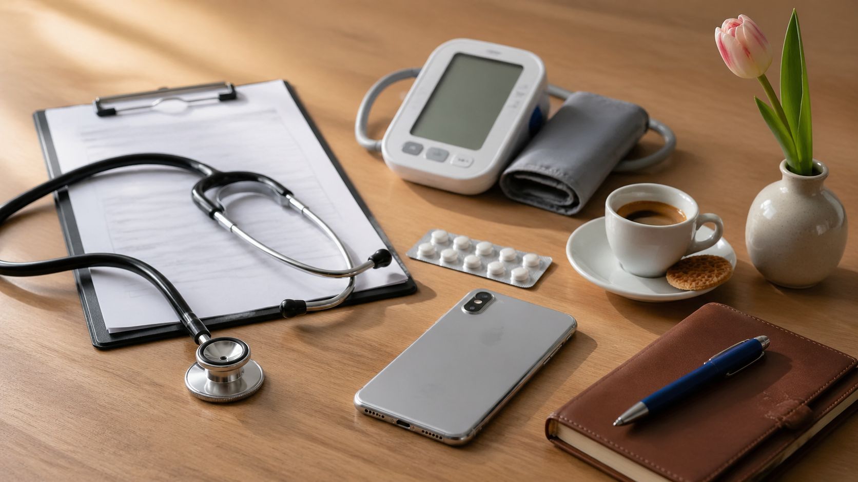 Huisartsenpraktijk werkbalie close-up: bloeddrukmeter, stethoscoop, smartphone, koffiebeker en notitieblok in zacht daglicht