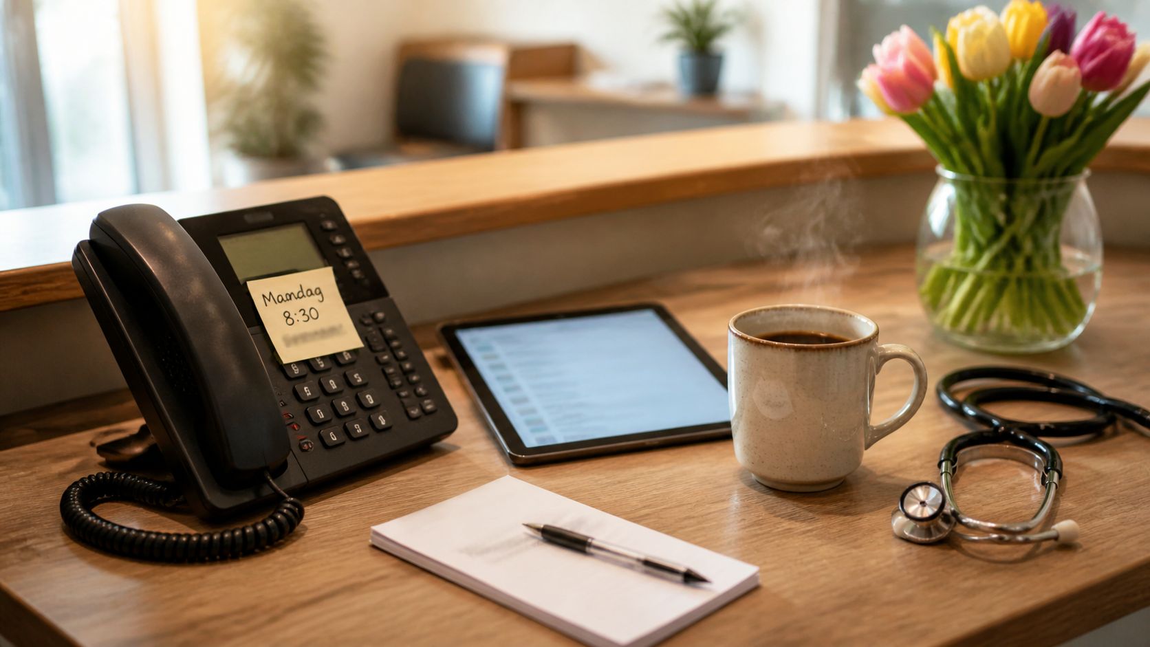 Reception desk in een Nederlandse huisartsenpraktijk met telefoon, agenda-tablet, koffie en bloemen, ochtendlicht door het raam