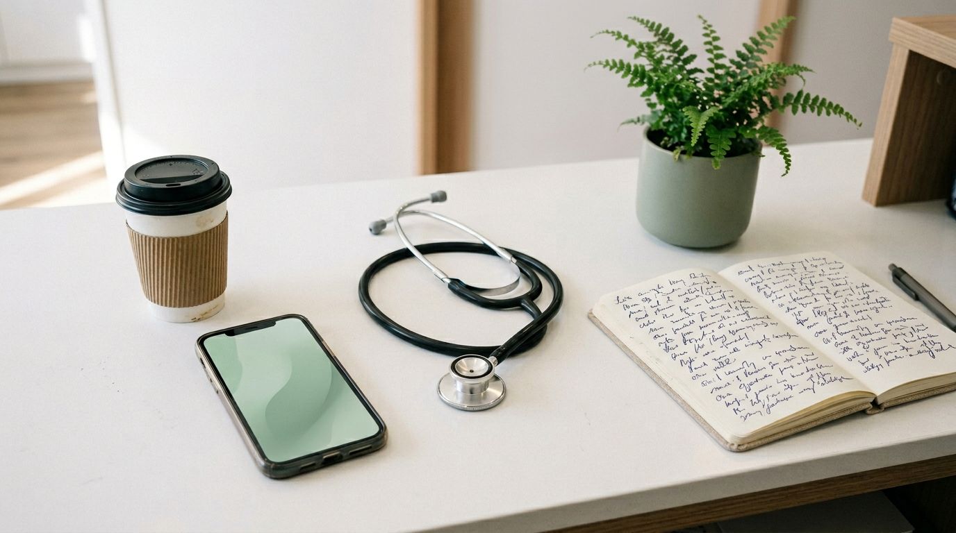 Huisartsen praktijk intake balie met laptop, stethoscoop en patiënt notities