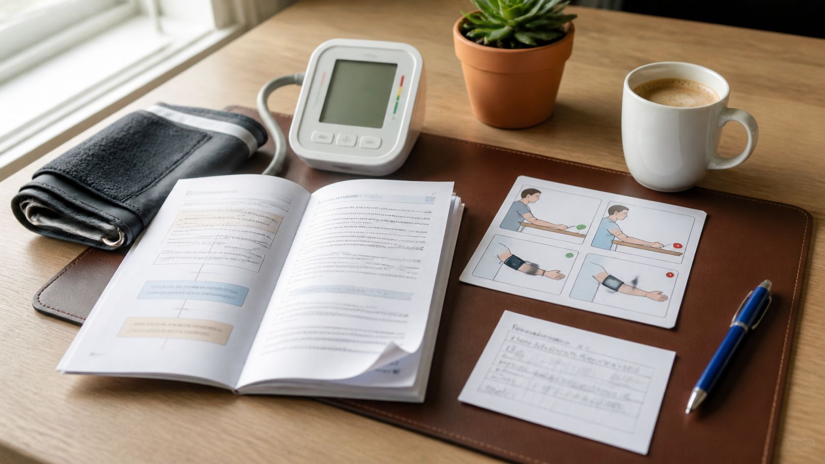 Werkbank van een huisartspraktijk met digitale bloeddrukmeter, manchet, NHG-protocolboek, laptop met HIS-scherm en koffie