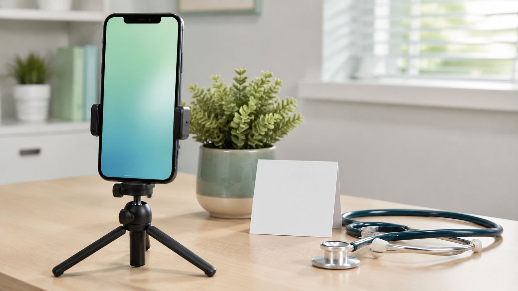 Een smartphone op een statief fotografeert een opgeruimde social media-opstelling met een plant en een infokaart op een licht bureau in een huisartsenpraktijk