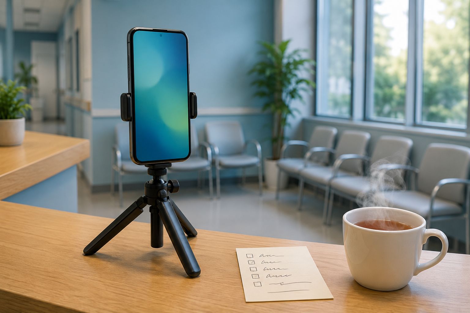 Statief met telefoon klaargezet in een lege wachtkamer van een huisartsenpraktijk
