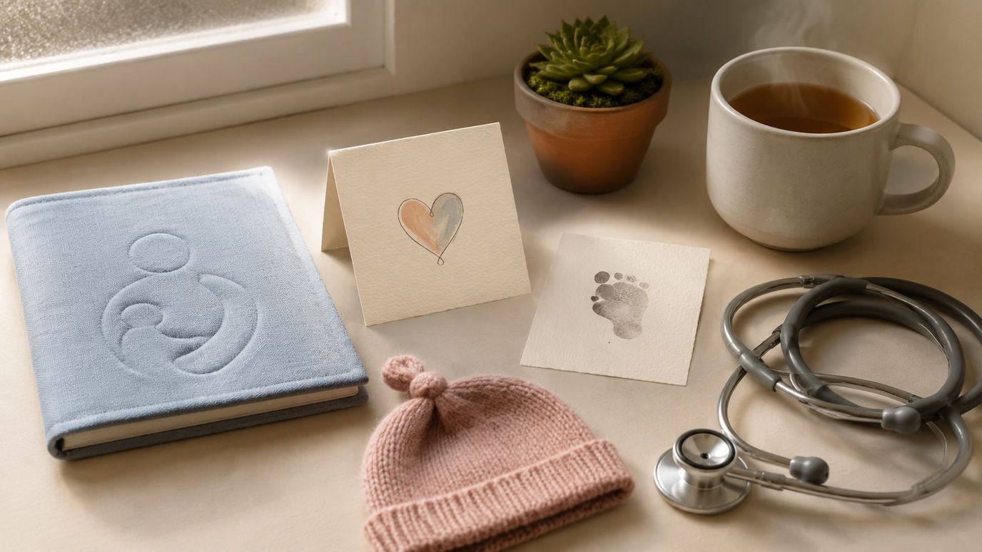 Bureau bij huisartsenpraktijk met geboortekaartje, baby-zorgboekje, stetoscoop en welkomstkaart