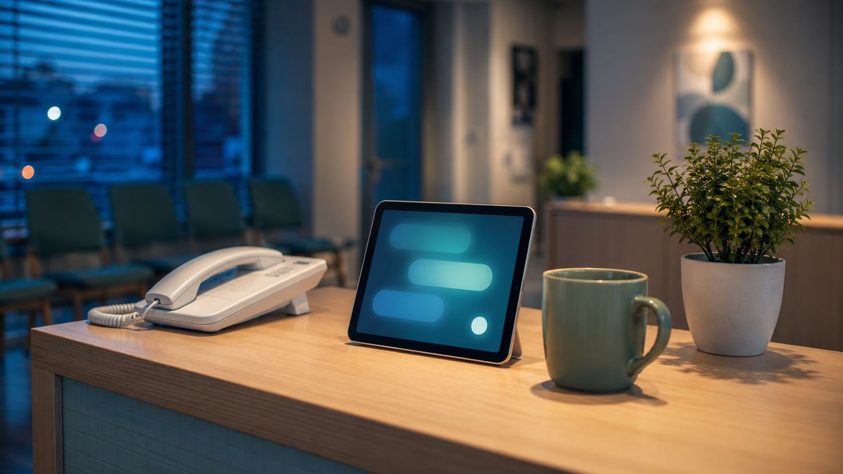 Receptiebalie van een huisartsenpraktijk met telefoon en notitieblok in avondlicht