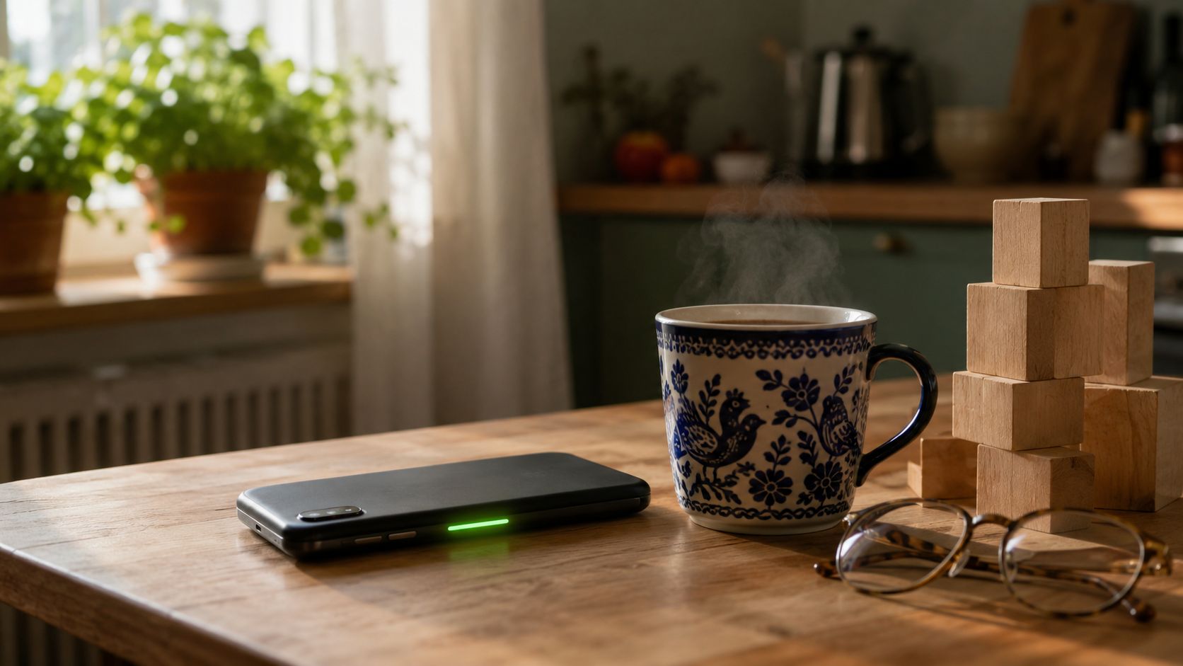Keukentafel met telefoon en dampende kop thee tijdens een telefoongesprek met de huisartsenpraktijk