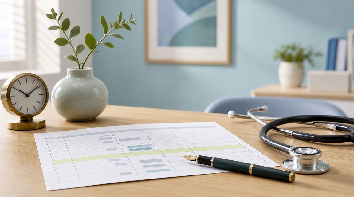 Dagplanning en afsprakenlijst op het bureau van een huisarts, met een stethoscoop en een bureauklok in rustig ochtendlicht