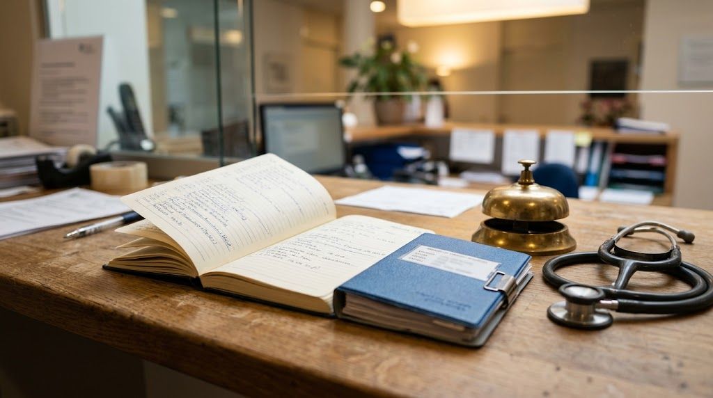 Doktersassistente in een Nederlandse huisartsenpraktijk werkruimte met een agenda en computer