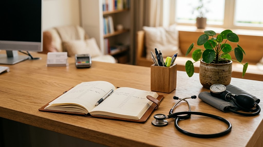 Stethoscoop en agenda op een huisartsenbalie