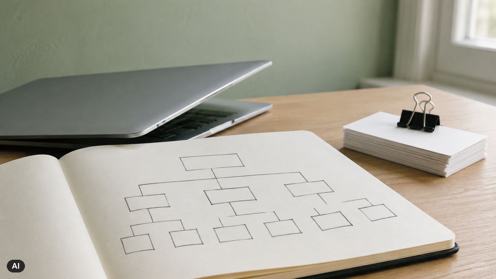Notitieboek met een handgetekende sitemap van blokken en verbindingslijnen naast een laptop op een praktijkbureau