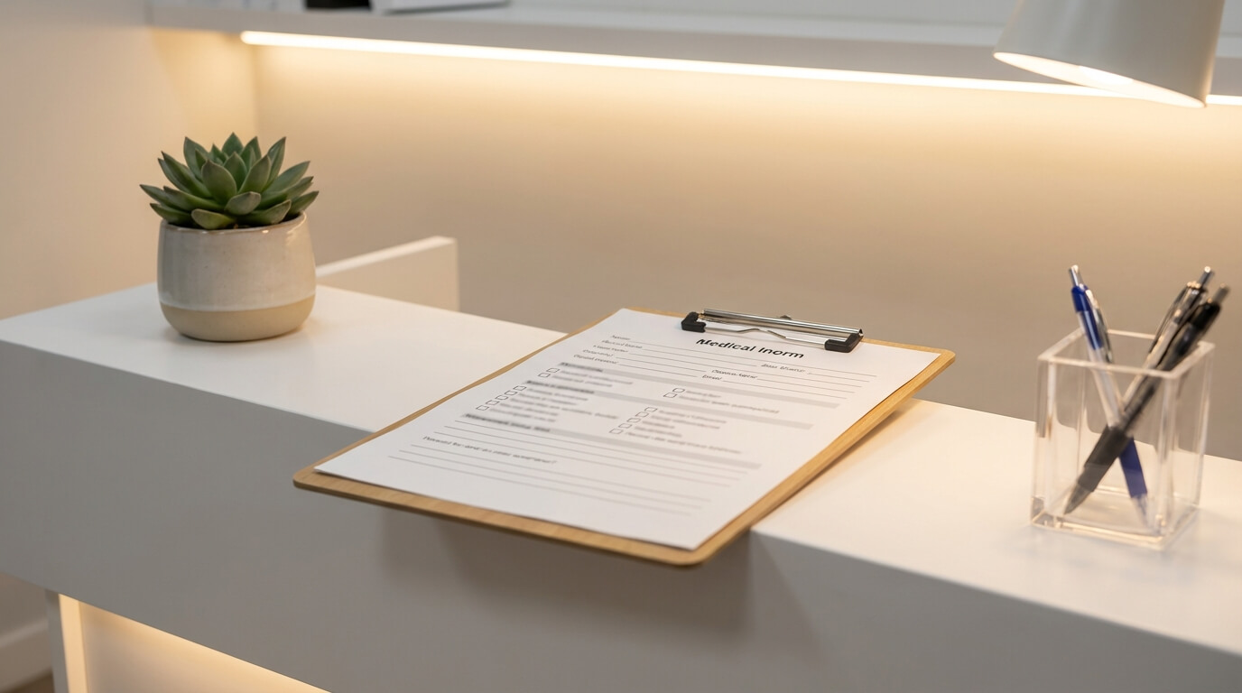 Aanmeldformulier op klembord op receptiebalie