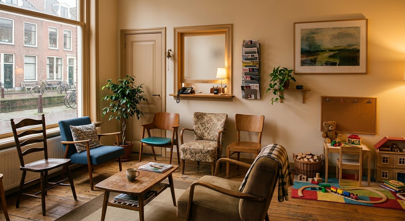 Wachtruimte van een huisartsenpraktijk met stoelen en informatieposters