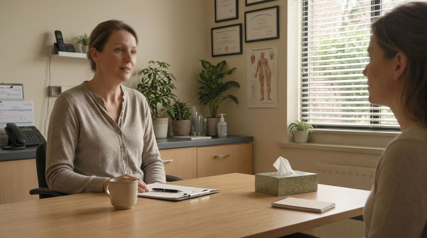 POH GGZ in gesprek met patiënt in een huisartsenpraktijk-spreekkamer met natuurlijk licht