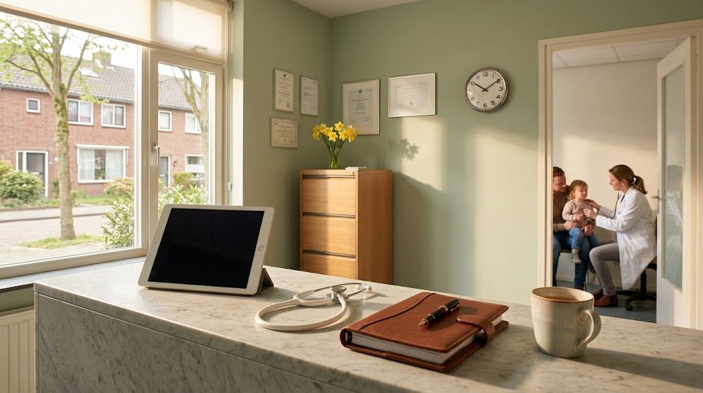 Receptiebalie close-up: agenda met handgeschreven notities, een tablet face-up met een Google Bedrijfsprofiel info-pagina (geblurde tekst), een stethoscoop op de balie en een dampende mok thee, zachte ochtendzon door een hoog raam