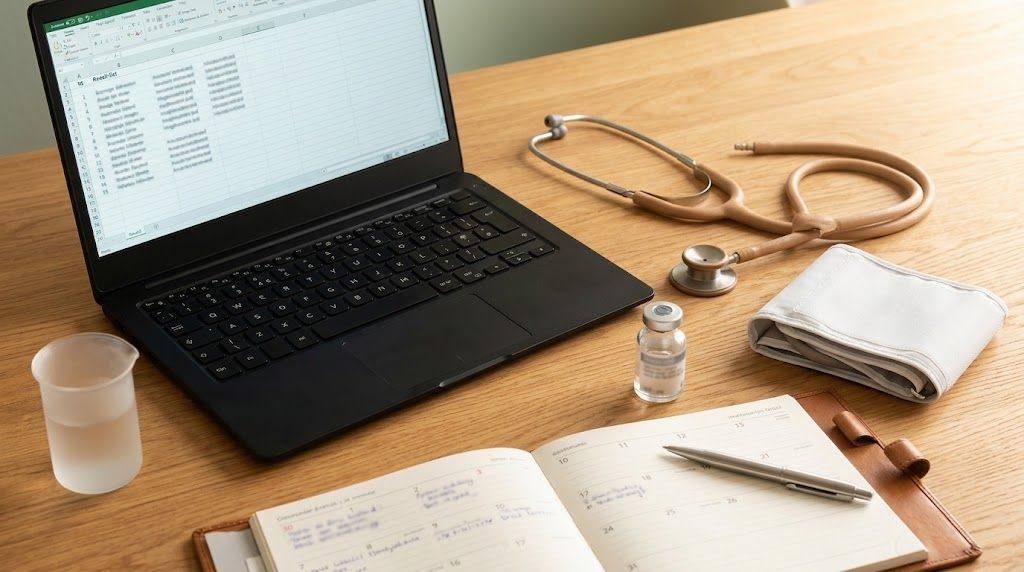 Werkbank van een Nederlandse huisartspraktijk: laptop met een schoon HIS-recall-overzicht op het scherm, stethoscoop, bloeddrukmeter-armband, een glazen flacon en een blauwe pen op een leren kalender, in zacht ochtendlicht