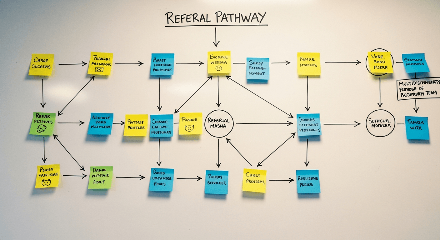 Zorgverwijzingsschema op whiteboard met gekleurde post-its