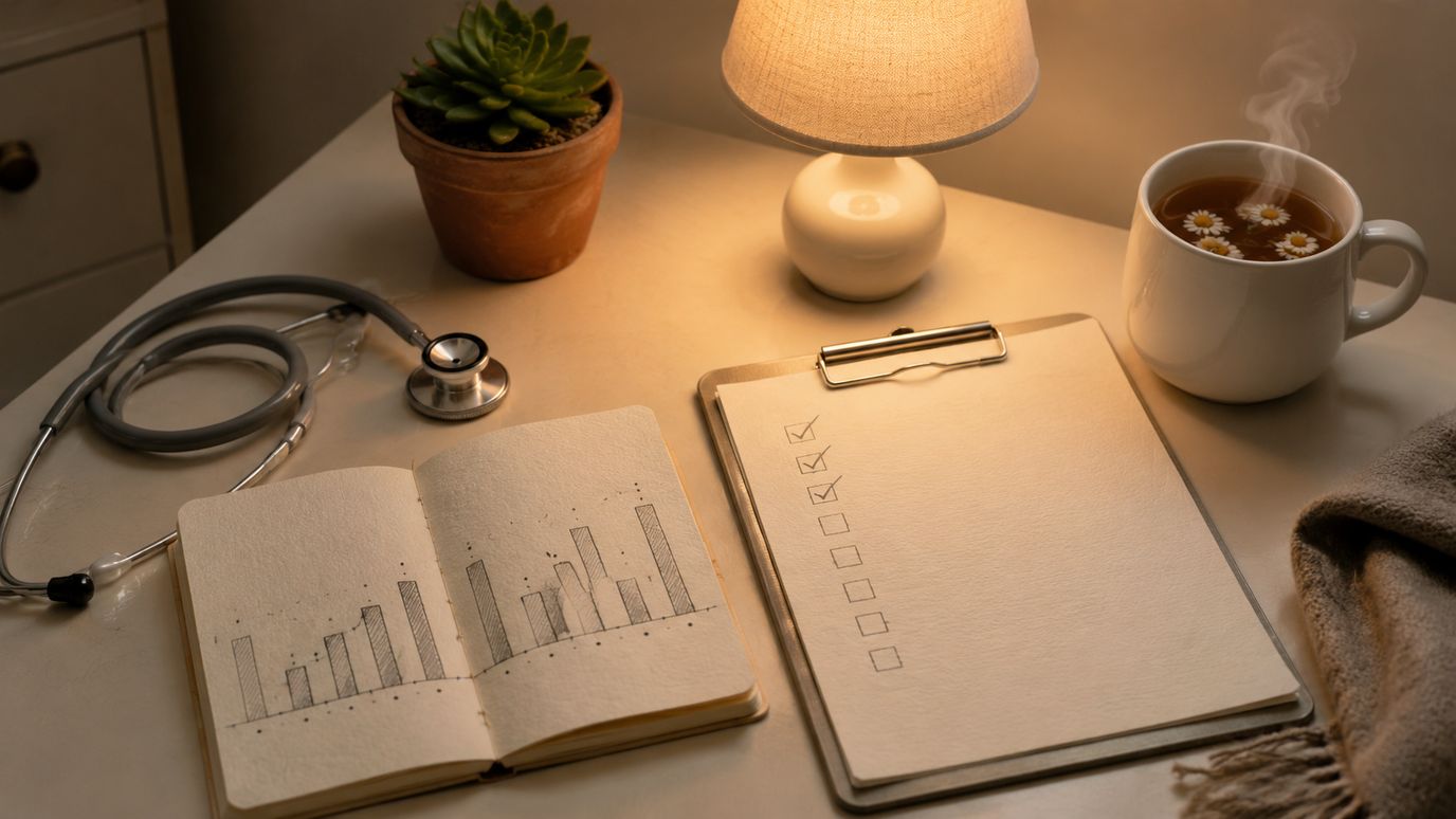 Bureau in huisartsenpraktijk met slaapdagboek, klembord met PSQI-vragenlijst, kleine lamp en koffiemok