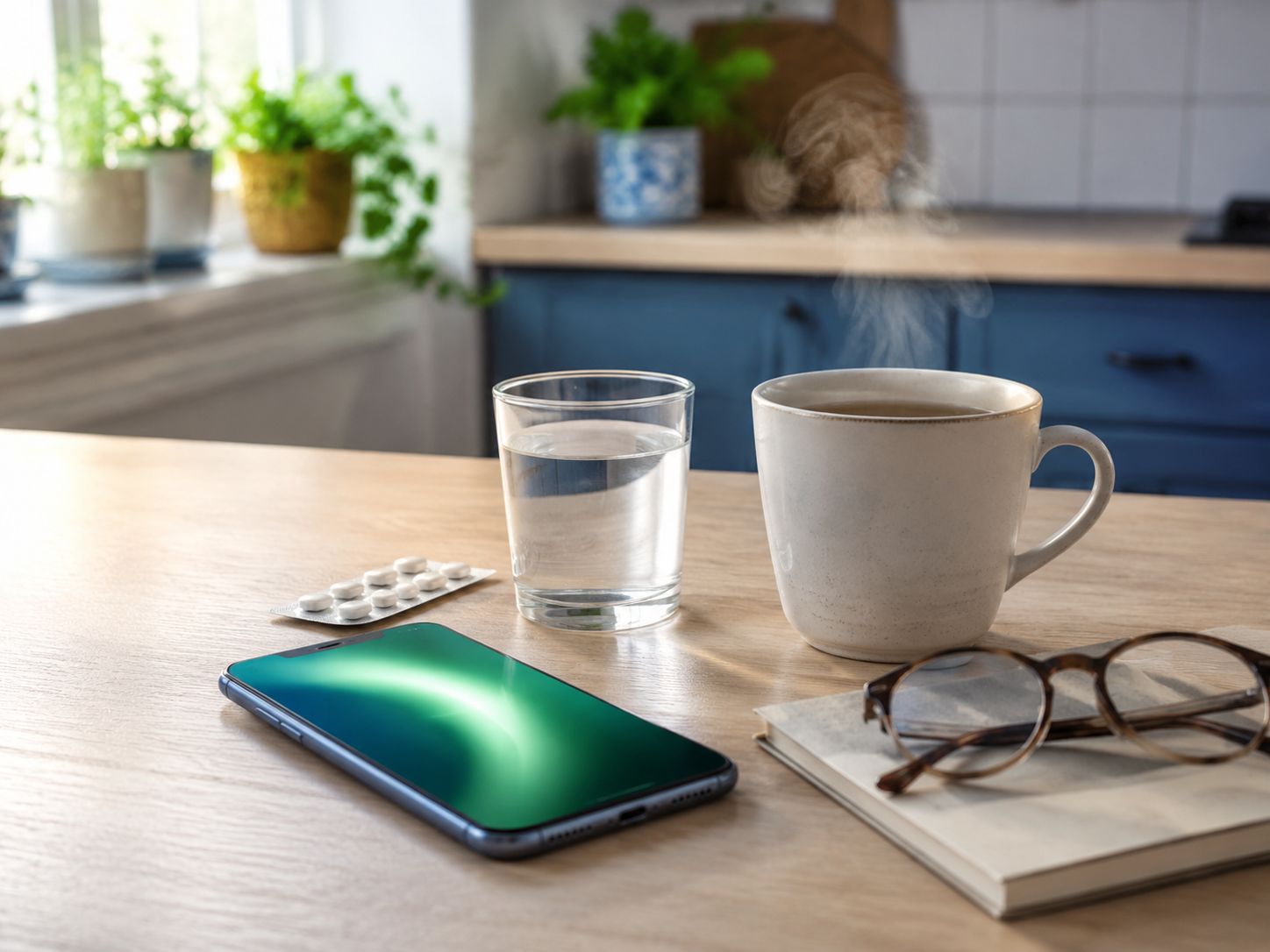 Receptie-balie van een huisartsenpraktijk met een telefoontoestel en een scherm dat inkomende oproepen in drie kleuren sorteert