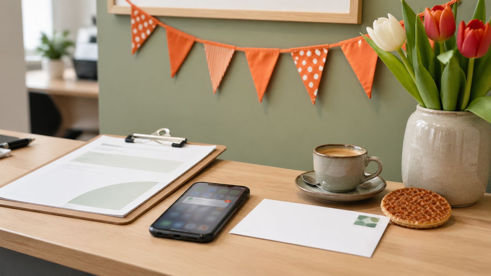 Smartphone op een Nederlandse huisartsenpraktijk-balie naast een notitieboek met handgeschreven planning, oranje Koningsdag-vlaggetjes, vaas met tulpen en een stroopwafel