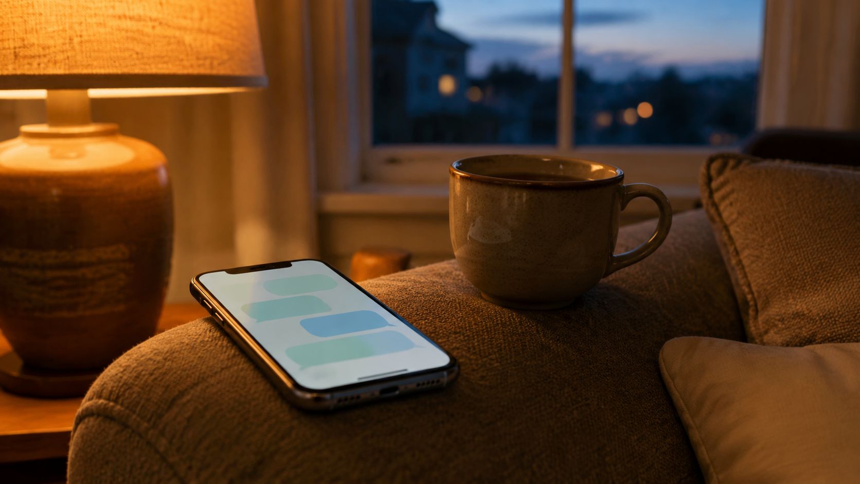 Smartphone met een berichtenscherm op de balie van een huisartsenpraktijk, naast een laptop en stethoscoop, rustige professionele sfeer
