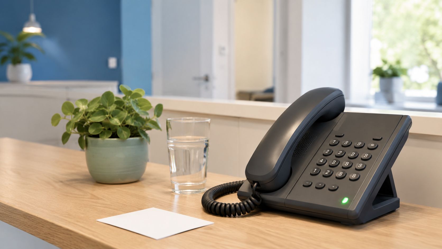 Een praktijkassistente helpt een patiënt rustig aan de balie terwijl op de receptiebalie een telefoon een automatische afspraakbevestiging toont