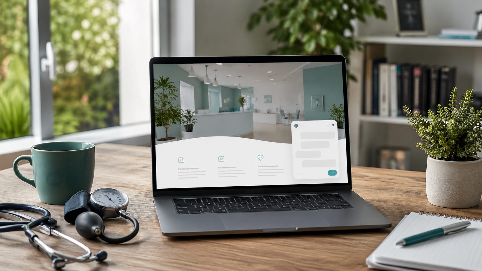 Laptop met chatbot widget voor huisarts website
