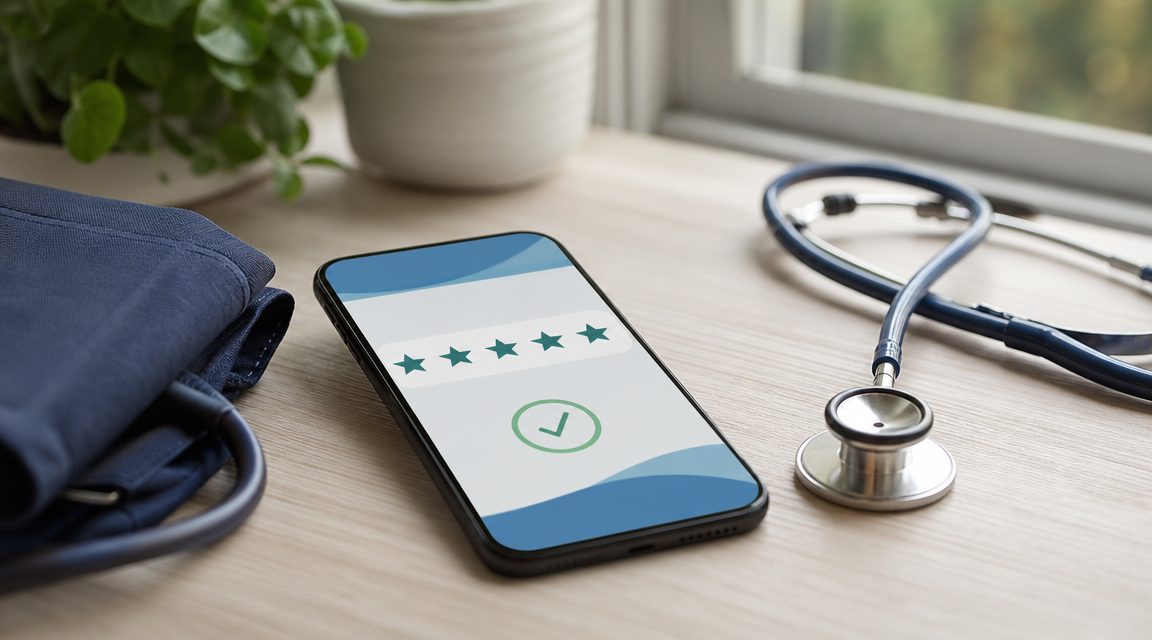 5-sterren review op smartphone — Google review na huisarts klus