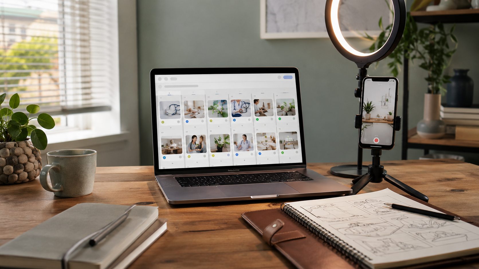 Content planner met ring-light setup